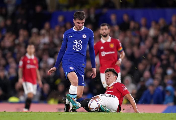 Mason Mount pictured (center) playing for Chelsea against Manchester United in October 2022